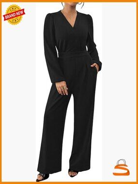 Women's Jumpsuit Dressy Long Sleeve V Neck Wide Leg Pants Romper